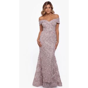Xscape Off-Shoulder Lace Embellished Gown in Dusty Mauve